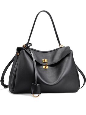Black Leather Shoulder Bag with Gold Hardware